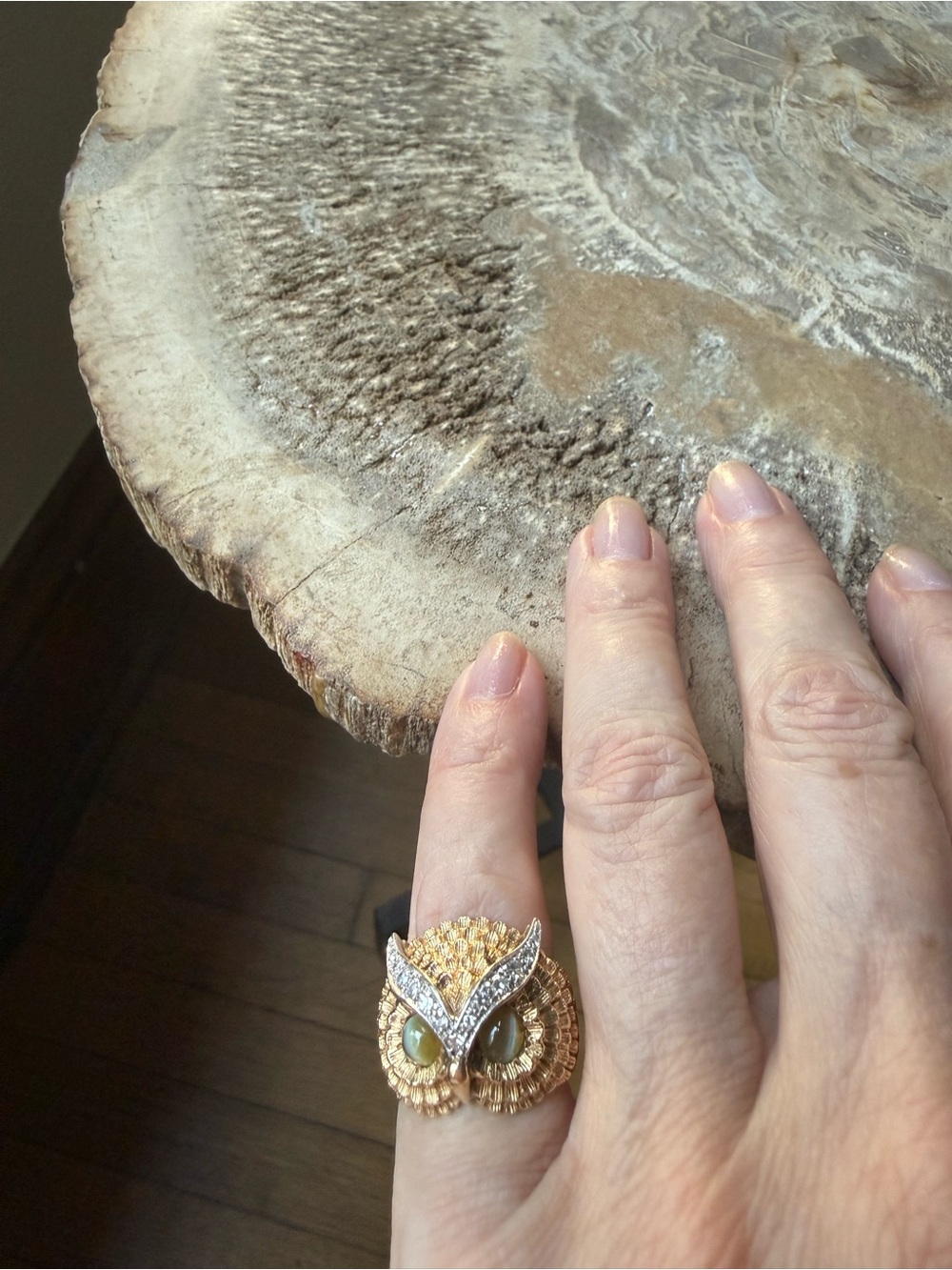 Vintage Cocktail 14K Gold Owl Ring with Diamonds + Cat Eye Chrysoberyls 🦉